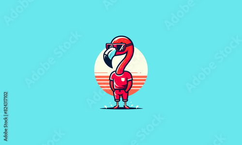 character flamingo wearing sun glass and tshirt vector logo design
