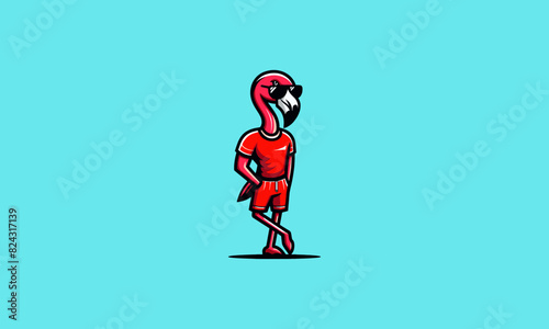 character flamingo wearing sun glass and tshirt vector logo design