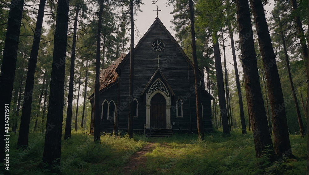 Obraz premium small, wooden church is surrounded by a dark, spooky forest.
