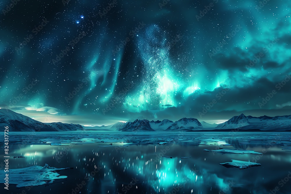 Naklejka premium Aurora borealis and stars over a Nordic fjord