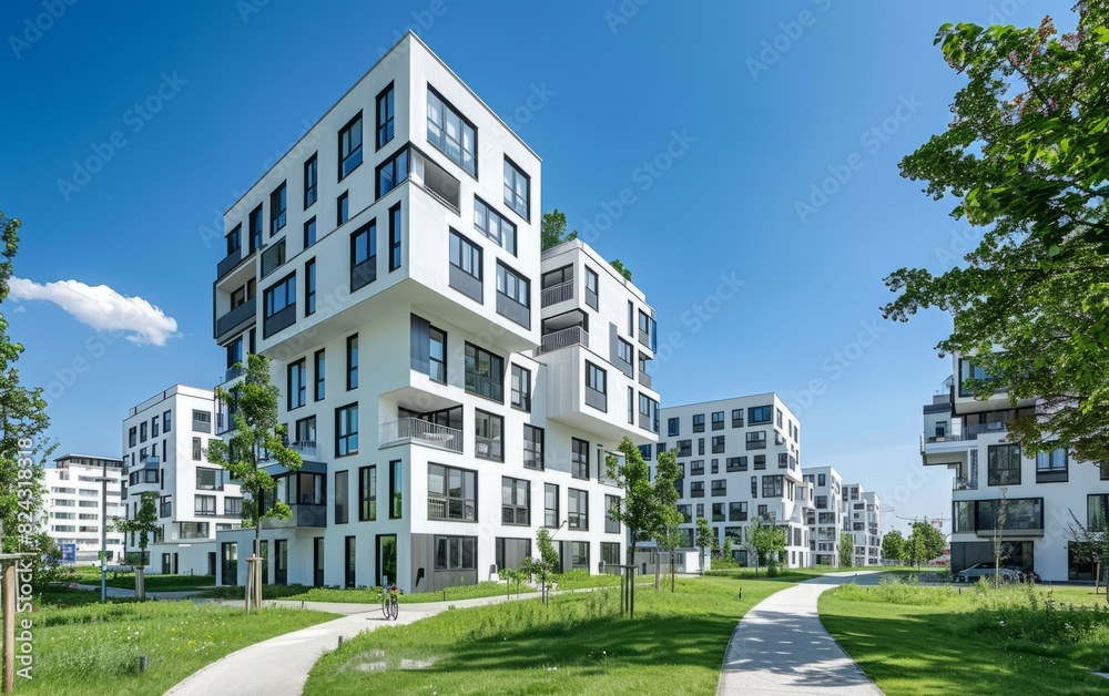 Exterior of the residential complex features geometric shapes and large windows with black frames Exterior of the residential complex features geometric shapes and large windows with black frames