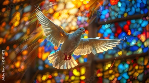 White dove flying. Holy spirit pigeon, church's colored stained glass window background, fantasy symbol of peace love, 3d modern digital artwork illustration. Christian religion spiritual soul concept