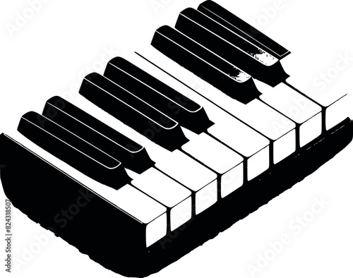 A Simple Black and White Vector Illustration of Piano Keys from a Dynamic Angle