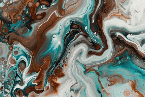 Abstract fluid art painting with brown, white and turquoise color splashes on canvas surface. Modern artwork with swirling patterns of liquid ink and acrylic paint. © sania