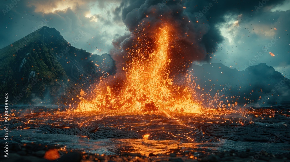 Close-up view of a volcanic eruption with molten lava spewing against a dark sky filled with smoke