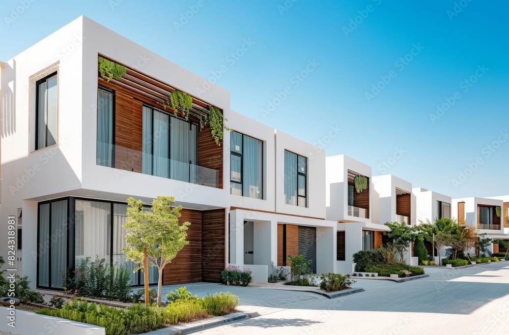 Fototapeta premium A modern and sleek row of townhouses with white walls, wooden accents