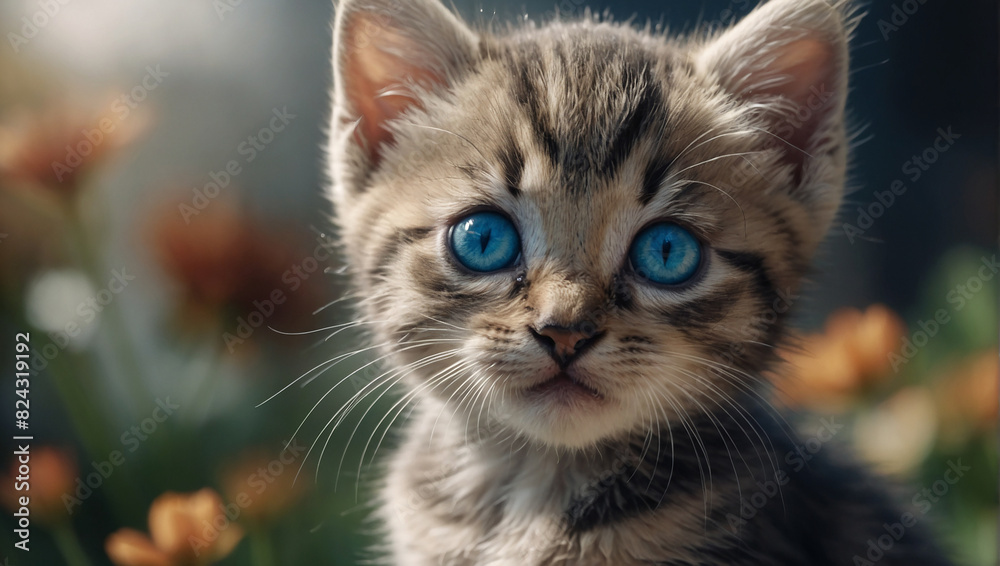 small gray and brown kitten with blue eyes is sitting on the ground