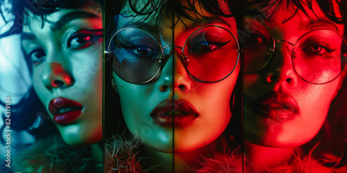 Multi-Faceted Neon Portrait of a Woman with Glasses and Bold Red Lips