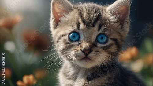 small gray and brown kitten with blue eyes is sitting on the ground