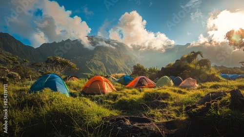 Mountain camping with a group of tents  isolated setting  perfect for travel themes  clear skies  lush surroundings  capturing the essence of adventure