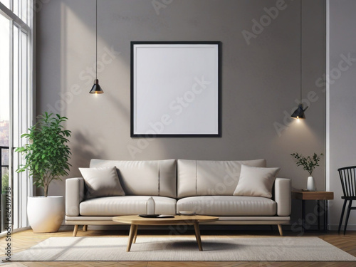 Mockup poster frame on the wall of living room. Luxurious apartment background.