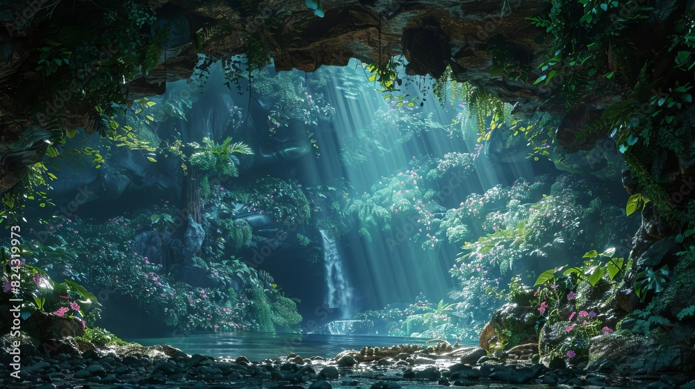 Show a hidden refuge for mythical creatures, nestled deep within a complex underground ecosystem, Close up Show a hidden refuge for mythical creatures, nestled deep within a complex underground ecosystem, Close up