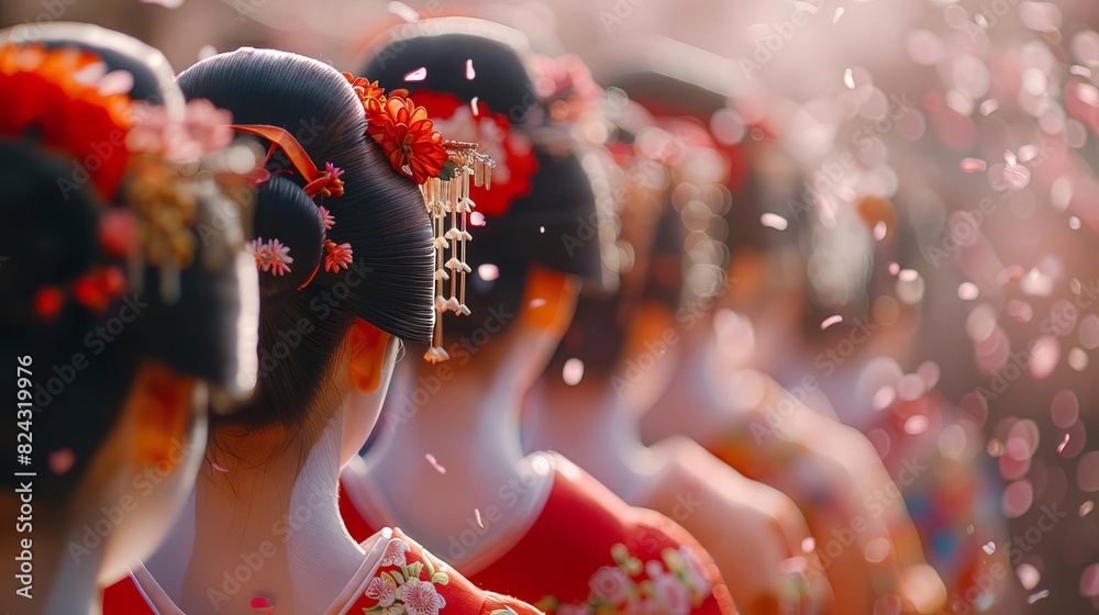 Show a group of Geisha walking through a cherry blossom garden, with petals gently falling around them, Close up Show a group of Geisha walking through a cherry blossom garden, with petals gently falling around them, Close up