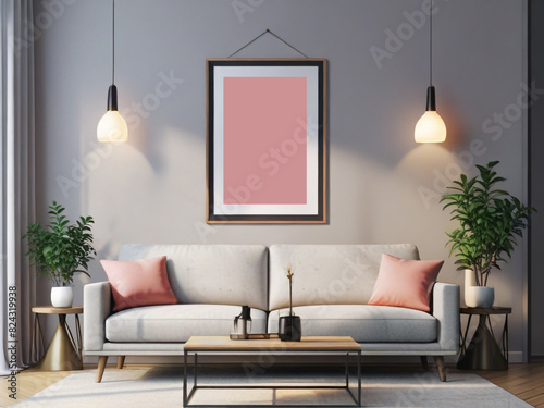 Mockup poster frame on the wall of living room. Luxurious apartment background.