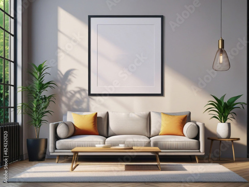 Mockup poster frame on the wall of living room. Luxurious apartment background.