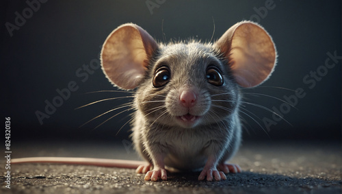 close-up photo of a gray mouse with large ears and a pink nose looking at the camera