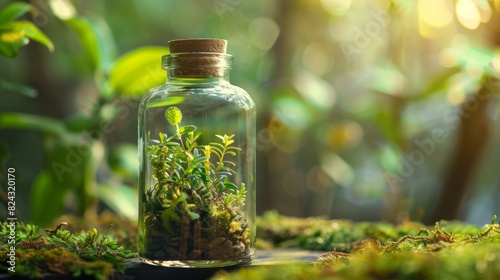 Miniature forest scene inside a glass bottle with a lid, isolated background, studio lighting showcasing vibrant greenery and delicate details