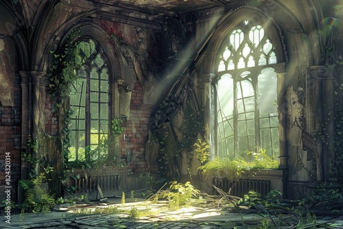 An abandoned gothic room with broken windows  ivy and plants growing through the walls  sunlight streaming in from an arched window  ornate details on the wall paintings  fantasy art style