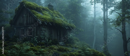 Old wooden cottage in a misty forest