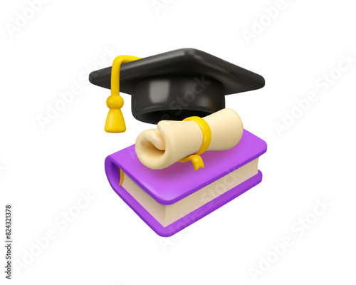 University learning vector 3d icon. Study online, certified course concept. Graduation hat with diploma scroll and closed book, higher education promotion render illustration.