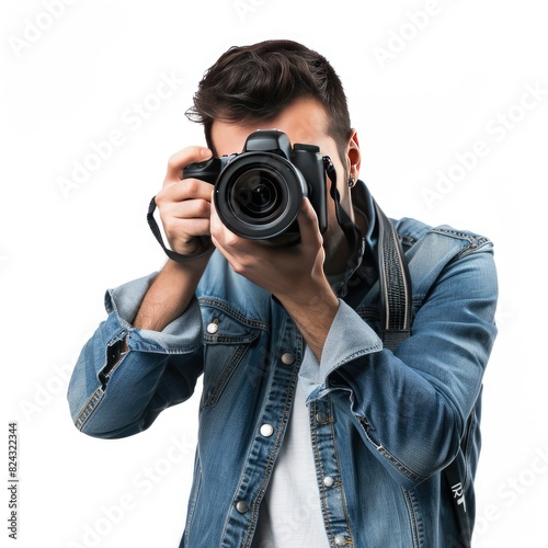 A man practicing his photography skills and taking pictures in the city isolated on white background 