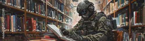 A fighter in a library, studying books on war tactics and survival against death, Strategic, Muted colors, Digital art, High detail and engaging photo