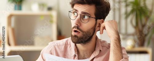 A marketer trying to understand a complex legal document with a confused look, Confused, Soft hues, Digital art, Humorous and engaging