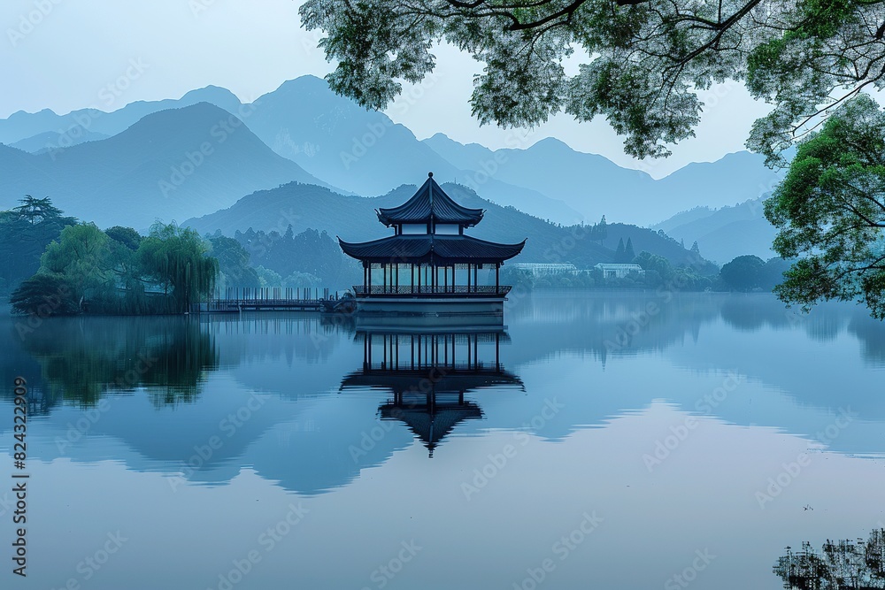 The pavilion in the center of the lake and the mountains in the distance The pavilion in the center of the lake and the mountains in the distance