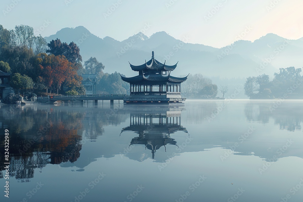 The pavilion in the center of the lake and the mountains in the distance The pavilion in the center of the lake and the mountains in the distance