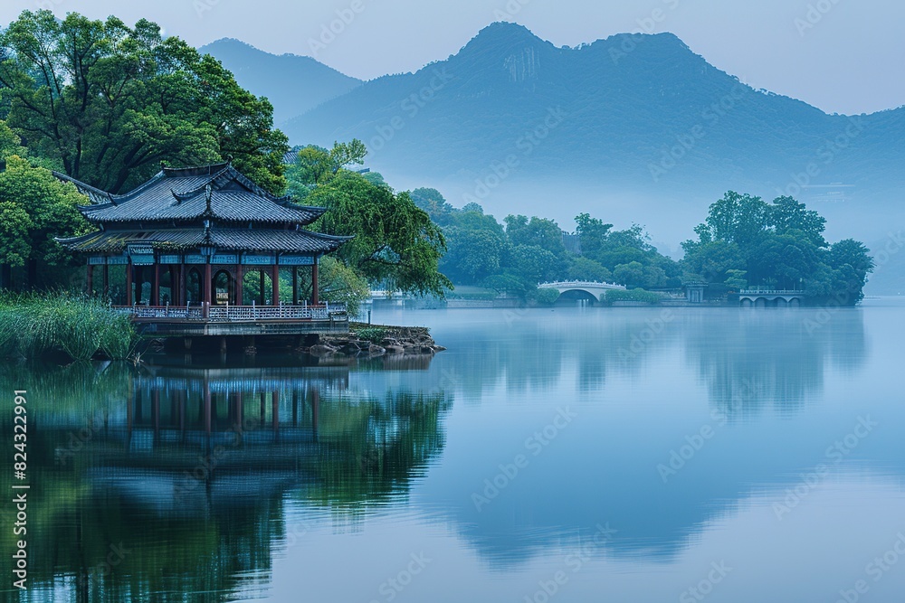 Obraz premium The pavilion in the center of the lake and the mountains in the distance