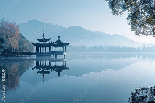 The pavilion in the center of the lake and the mountains in the distance © fanjianhua