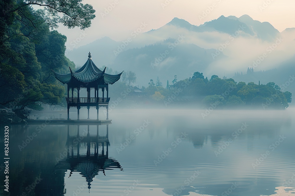The pavilion in the center of the lake and the mountains in the distance The pavilion in the center of the lake and the mountains in the distance