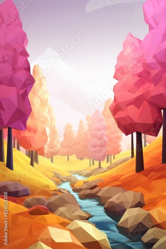 Low poly artwork, Landscape of colorful candycolored forest by a clear stream, with mountainous background under a serene sky.