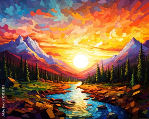 Low poly art, majestic scene of a vibrant sunset over a colorful landscape with mountains, forest, and a winding river.