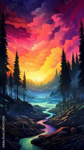 Low poly artwork depicting a magical dusk with natural landscape, vibrant colors, a winding river, and a serene night sky.