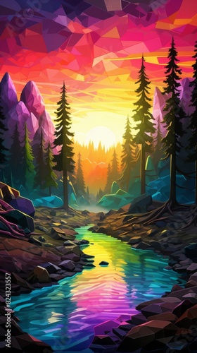 Low poly artwork of an enchanting fantasy forest with a magical river reflecting vibrant sunset colors, creating a surreal scene.