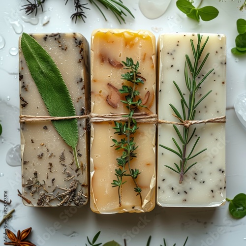 Handmade natural herbal soap, with various of fresh herb. photo