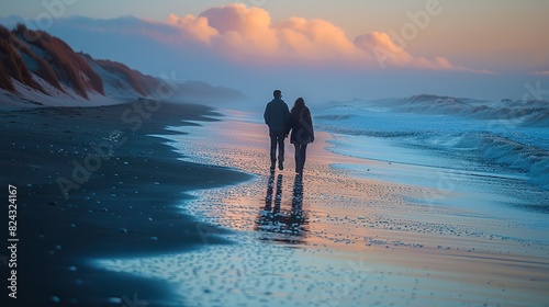 A walk hand-in-hand along a beach, signifying the tranquility, shared moments, and the comforting presence of love. stock image photo