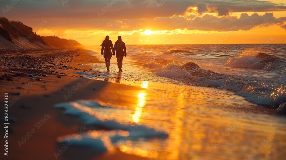 A walk hand-in-hand along a beach, signifying the tranquility, shared moments, and the comforting presence of love. stock photo