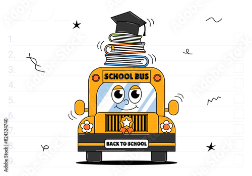 Back school retro poster groovy style. Cute school bus with books and graduation cap. Contemporary vector illustration