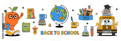 Back to school retro contemporary set. Funky groovy collection of elements and characters. Funny earth planet, school bus, apple, books and other. Vector illustration