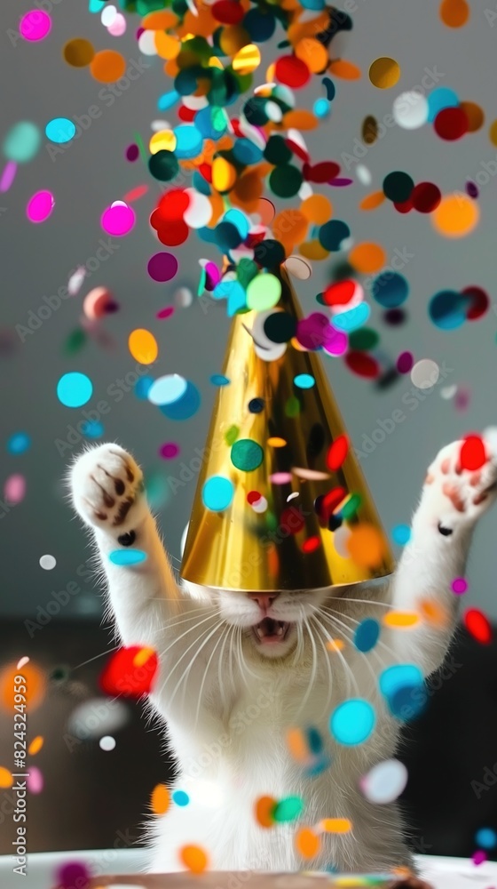 Obraz premium A white cheerful cat in a golden festive hat is surrounded by multi-colored confetti.
