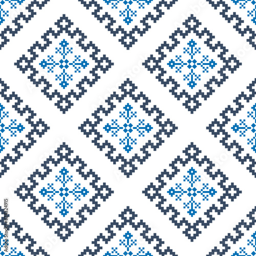 Cross Stitch embroidery seamless.Geometric pixel ethnic patterns. American, Mexican,African, mediterranean, nordic,Aztec style.Trendy folk art background design for products, fabric, ,print,decorate.