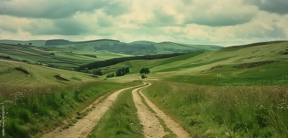 Expansive countryside with a gently curving dirt road leading through verdant fields and towards distant hills.