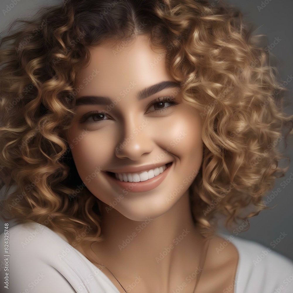 Portrait of a smiling young woman with curly hair, in a studio5 Portrait of a smiling young woman with curly hair, in a studio5