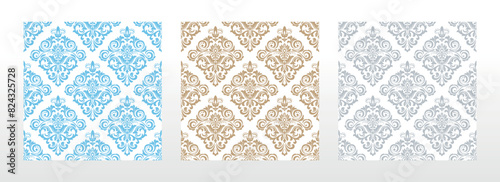 Wallpapers in the style of Baroque. Seamless vector backgrounds. Set of colored floral ornaments. Graphic patterns for fabric, wallpaper, packaging. Ornate Damask flower ornaments
