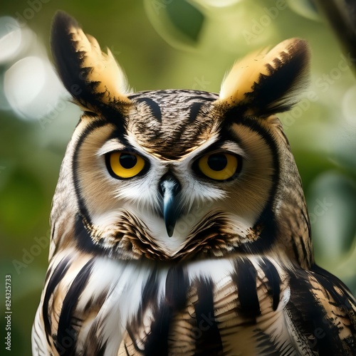 Close up of an owl with striking yellow eyes, perched on a branch2 photo