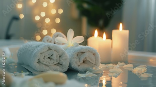 Bathroom spa setting  White towels and candles  Luxury massage concept  Relaxation aromatherapy  Zen therapy