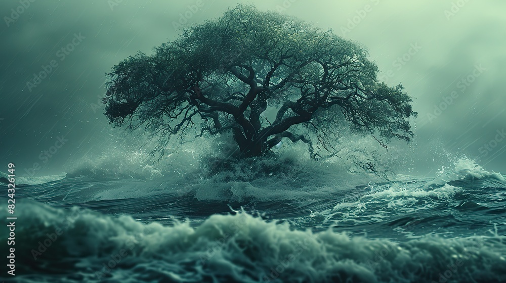 A love that endures through trials and tribulations, represented by a tree with deep roots weathering a storm, symbolizing the resilience, strength, stock photo A love that endures through trials and tribulations, represented by a tree with deep roots weathering a storm, symbolizing the resilience, strength, stock photo