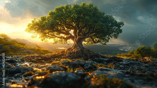A love that endures through trials and tribulations, represented by a tree with deep roots weathering a storm, symbolizing the resilience, strength, stock image